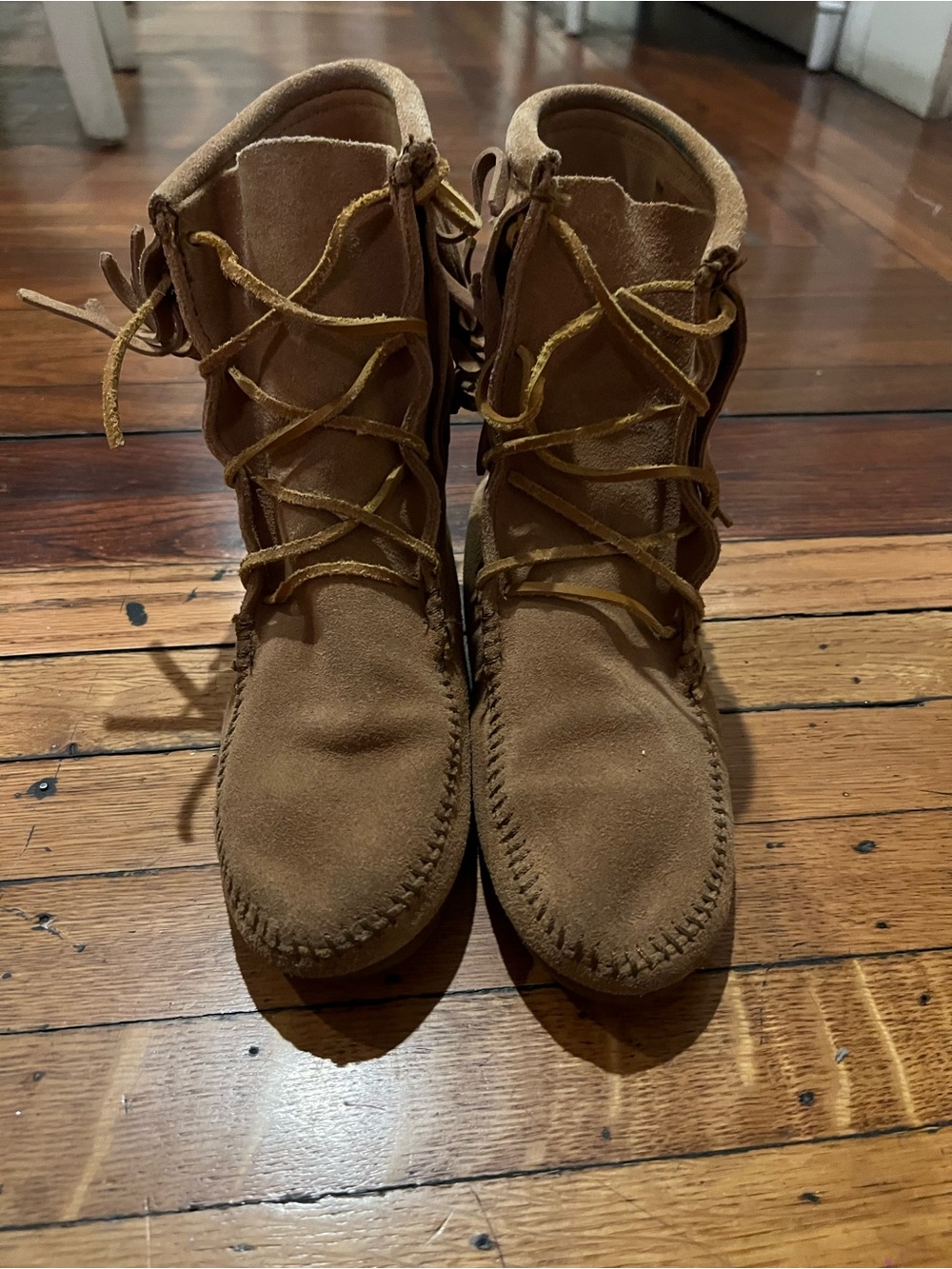 Minnetonka Tan Suede Lace-Up Ankle Moccasin Boots